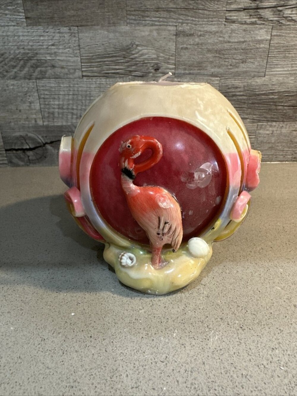 Vintage Flamingo Round Candle NOS Kitschy Tropical Beach Decor Pink Purple Shell